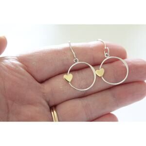 Sterling Silver Open Circle with Bronze Heart Earrings